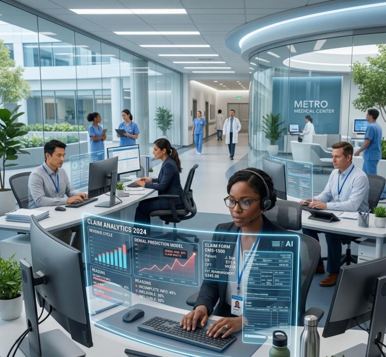 AI technology analyzing healthcare billing data to reduce claim denials in US medical practices