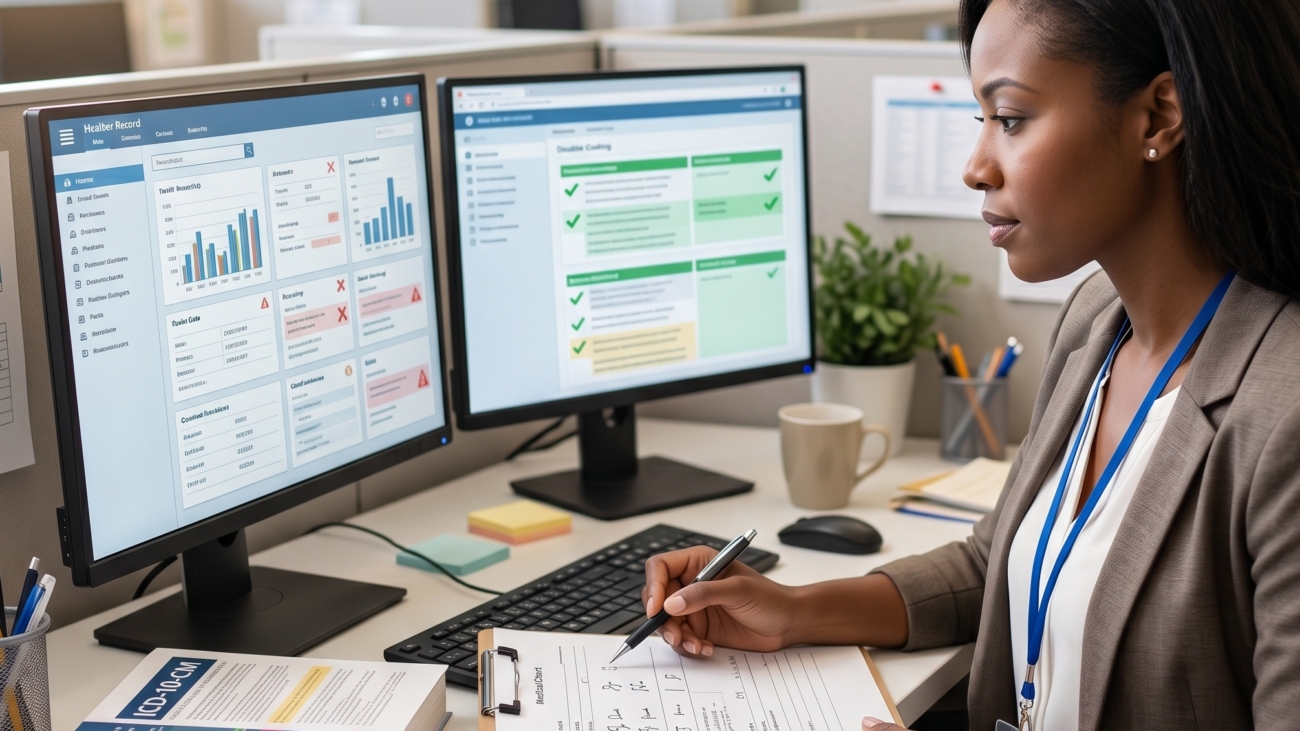 healthcare professional reviewing medical coding documents