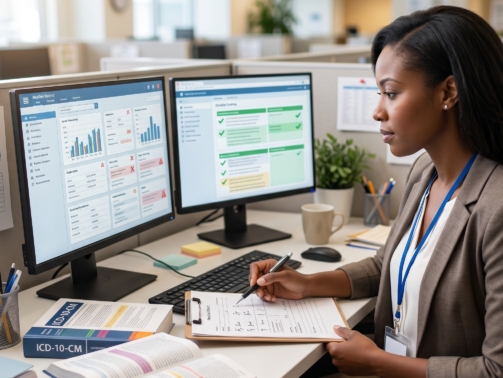 healthcare professional reviewing medical coding documents