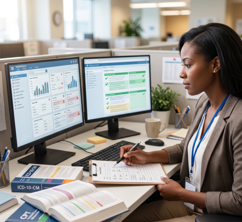 healthcare professional reviewing medical coding documents
