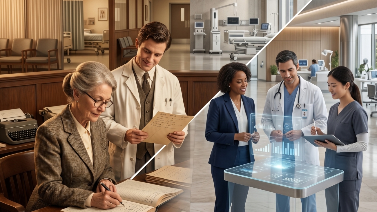 Modern healthcare management system dashboard used by healthcare professionals in a digitally advanced hospital environment.