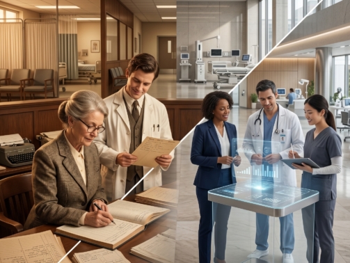 Modern healthcare management system dashboard used by healthcare professionals in a digitally advanced hospital environment.