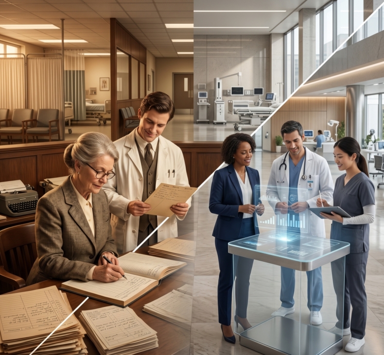 Modern healthcare management system dashboard used by healthcare professionals in a digitally advanced hospital environment.