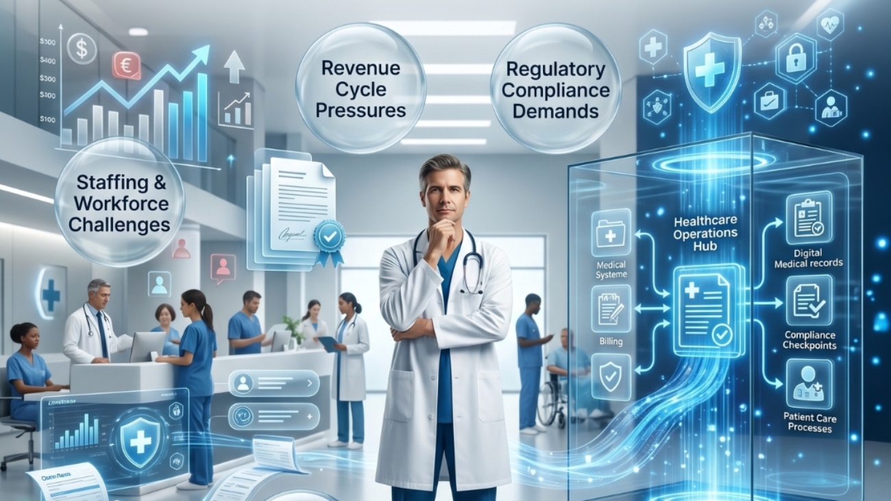 Healthcare professionals managing patient care, digital systems, and operational challenges in a modern hospital environment.