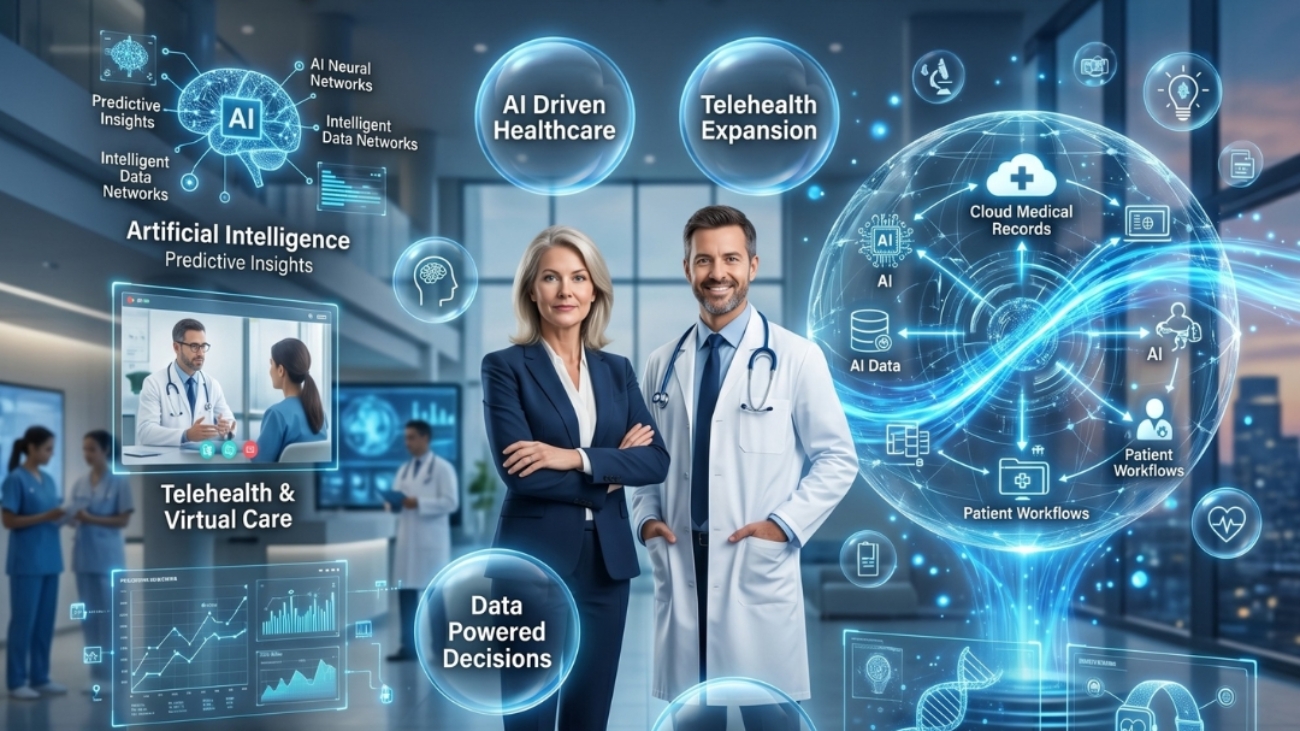 Healthcare professionals using digital technology and modern medical systems to improve patient care and hospital operations.