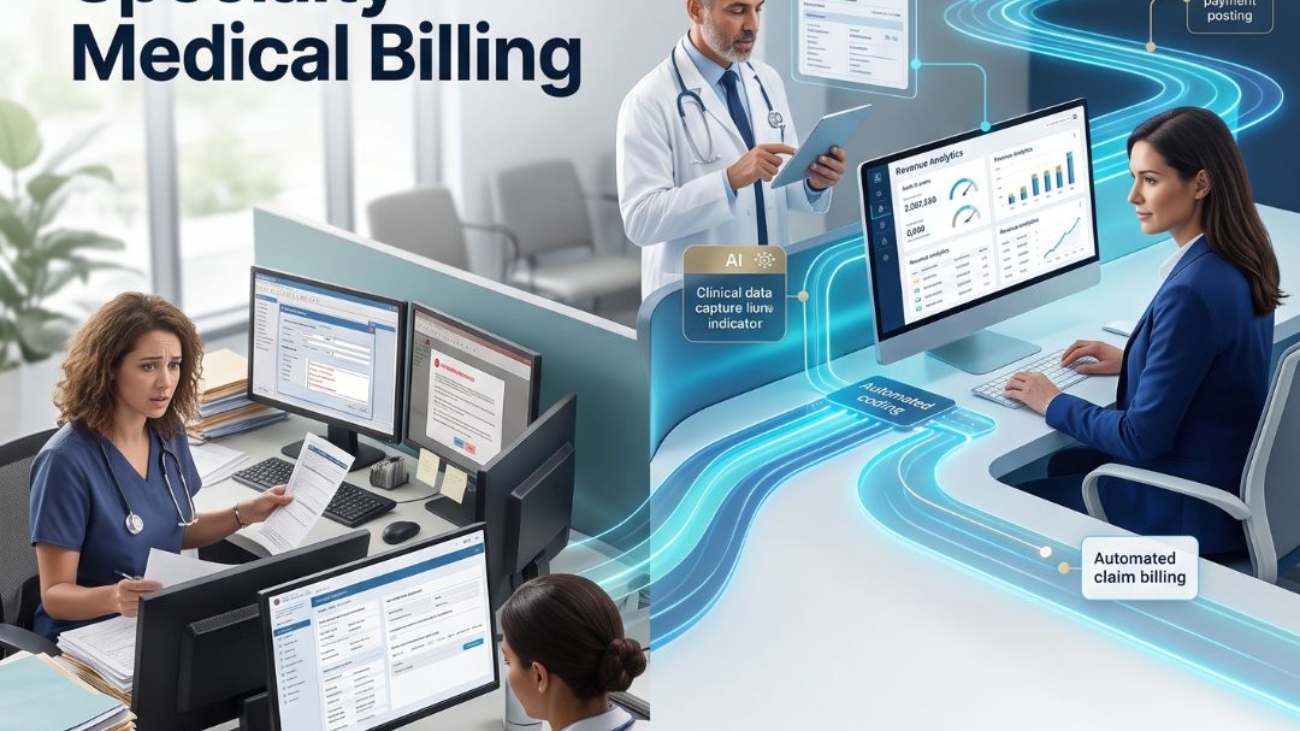 Automated specialty medical billing system managing claims