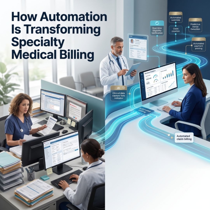 Automated specialty medical billing system managing claims