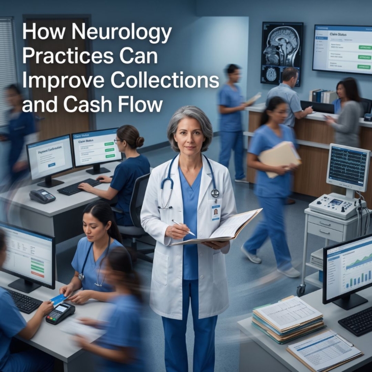 Neurology revenue cycle management specialists reviewing billing data