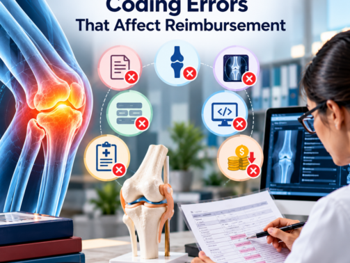Medical coding specialist reviewing orthopedic patient records, diagnosis codes, procedure documentation, and insurance claims to improve reimbursement accuracy.