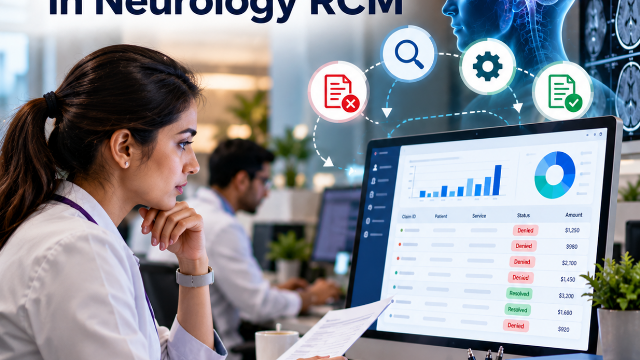 Healthcare billing specialist reviewing neurology insurance claims, medical coding records, denial reports, and reimbursement details on a computer.