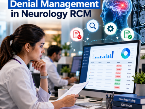 Healthcare billing specialist reviewing neurology insurance claims, medical coding records, denial reports, and reimbursement details on a computer.