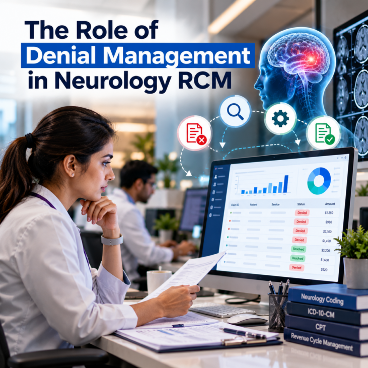 Healthcare billing specialist reviewing neurology insurance claims, medical coding records, denial reports, and reimbursement details on a computer.